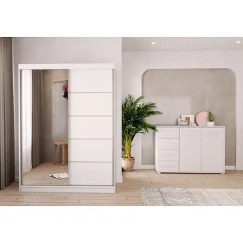 Šatní skříň Eoshop Šatní skříň Vis 05 + Komoda Dafri 01, Bíla se zrcadlem, osvětlení: LED