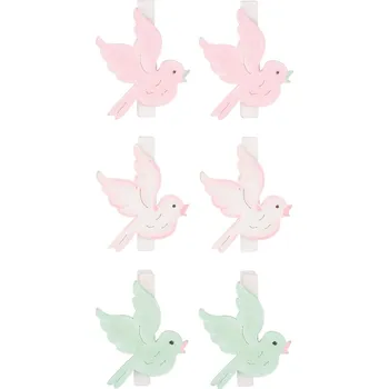 Vánoční dekorace ANDĚL Ptáček dřevěný 4,5 cm na kolíčku 6 ks pastelové barvy