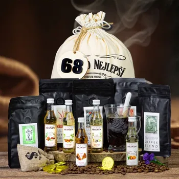 Dárkový potravinový koš Dárkový koš v pytli pro muže, chlapa, milovníka kávy, kafaře originální dárek pro muže k narozeninám, vánocům, valentýnu Route 66