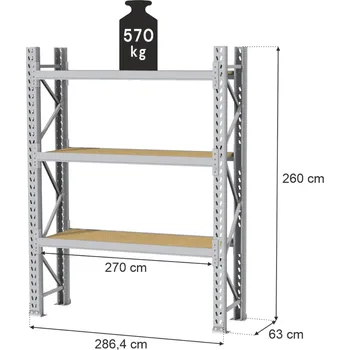 Dílenský regál Regál skladový MAGO HX (V: 260, Š:63, D:286,4 cm) s nosností 570 kg/ modul základní