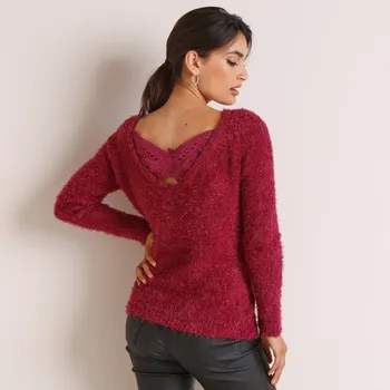 Dámský svetr Pulovr s výšivkou motýla na zádech, z jemného úpletu purpurová 42/44