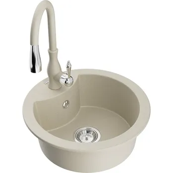 Granitový dřez Mexen Diego 1miskový granitový dřez s kuchyňskou baterií Savita, béžová 6512-69-672601-69