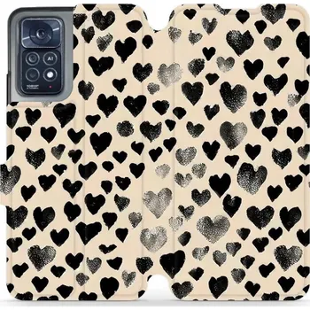 Pouzdro na mobilní telefon Flipové pouzdro Mobiwear - Xiaomi Note 12 Pro 4G - VA51S Černá srdíčka (Knížkové flip pouzdro, obal, kryt na mobil Xiaomi Note 12 Pro 4G - VA51S Černá srdíčka, materiál Umělá kůže + TPU - ochrana 360°, stojánek, silikonová vanička, magnetické zavírání)