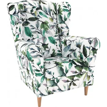 Křeslo Křeslo ušák, látka vzor listí - nožičky dřevěné, CHARLOT