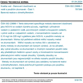 ČSN ISO 23696-1 - Kvalita vod - Stanovení dusičnanů ve vodě s použitím zkumavek - Část 1: Barevná reakce s dimethylfenolem - Tisk