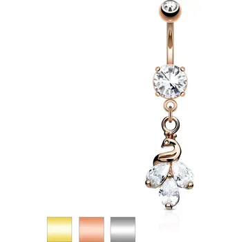 Piercing Ocelový piercing do pupíku - páv s peřím z čirých zirkonů, různé barvy - Barva: Zlatá