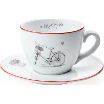 Český porcelán, Dubí Porcelánový šálek s podšálkem dámské KOLO s červenou linkou - 250 ml