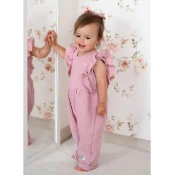 Dětská móda Baby Nellys Letní mušelínový overálek pro holčičky s volánkem Star - starorůžová Vel. 110