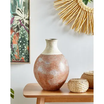 Váza Dekorativní váza bílá a hnědá terakota 37 cm ručně malovaná retro vintage design Beliani