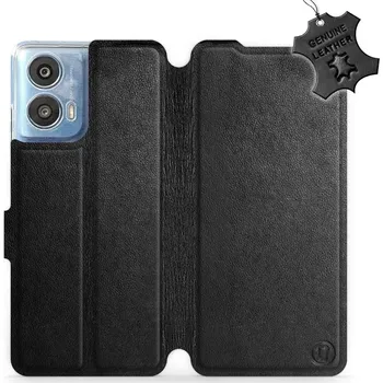 Pouzdro na mobilní telefon Kožené flip pouzdro Mobiwear - Motorola Moto G24 / Moto G04 - Černé (Kožené knížkové pouzdro, obal, kryt na mobil Motorola Moto G24 / Moto G04, Černé, materiál Genuine Leather, ochrana 360°, stojánek, silikonová vanička, magnetické zavírání)