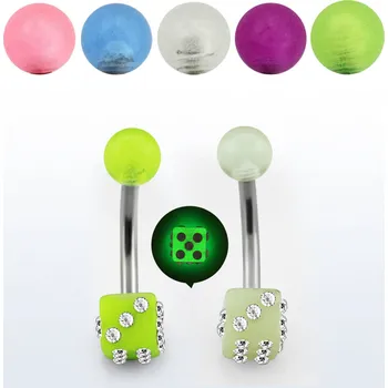 Piercing Piercingate Piercing do pupíku - svítící hrací kostka PBP00308 - Barva/Motiv: Modrá, Délka tyčky: 10 mm, Průměr tyčky: 1,6 mm