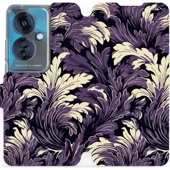 Pouzdro na mobilní telefon Flipové pouzdro Mobiwear - OPPO Reno 11 F 5G - VA46S Fialové rostliny (Knížkové flip pouzdro, obal, kryt na mobil OPPO Reno 11 F 5G - VA46S Fialové rostliny, materiál Umělá kůže + TPU - ochrana 360°, stojánek, silikonová vanička, magnetické zavírání)