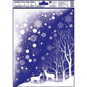Vánoční dekorace Anděl Okenní fólie rohová s glitry zvířátka v zimě 38 x 30 cm