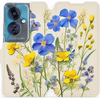 Pouzdro na mobilní telefon Flipové pouzdro Mobiwear - OPPO Reno 11 F 5G - VP41S Modré a žluté kvítky (Knížkové flip pouzdro, obal, kryt na mobil OPPO Reno 11 F 5G - VP41S Modré a žluté kvítky, materiál Umělá kůže + TPU - ochrana 360°, stojánek, silikonová vanička, magnetické zavírá