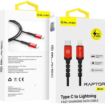 Datový kabel Blavec Raptor Braided - Type C to Lightning - PD 20W 2,4A 0,25m (CRA-CL24BR025) černo-červený