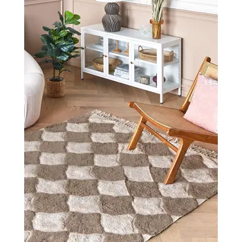 Koberec Koberec Hnědý a béžová Bavlna 140 x 200 cm Obdélníkový se střapci Geometrický vzor Boho Orientální Beliani