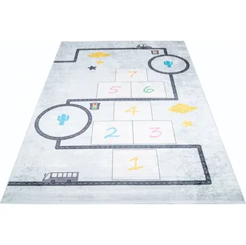 Koberec Makro Abra Dětský kusový koberec vhodný k praní BAMBINO 2168 Cesta Skakací panák protiskluzový krémový modrý Rozměr: 120x170 cm