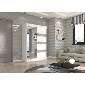 Šatní skříň Skříň s posuvnými dveřmi a zrcadlem 150 cm - Toura Barva: Bílá + Šedý Lacobel