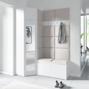 Předsíňová stěna Rohová předsíňová stěna Emi 37 - bílá Barva čalounění: Krémová - Trinity 01