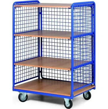 Policový vozík, 4 police, 3 bočnice s drátěnou výplní, nosnost 300 kg