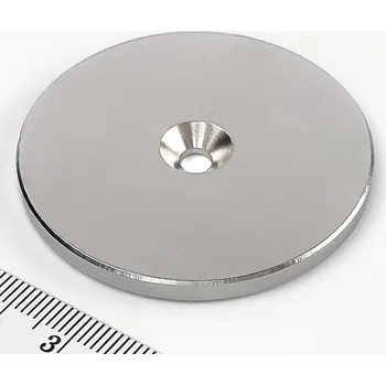 Dekorativní magnet Neodymový magnet válec 50x4 mm s dírou M4 - severní pól na straně s prohlubní - N38