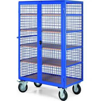 Uzamykatelný skříňový vozík s drátěnými stěnami, 5 polic