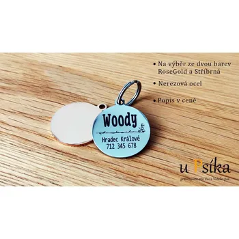 psí známka u Psíka | Psí známka s vlastním textem Woody| 25*30mm Barva: Rose Gold