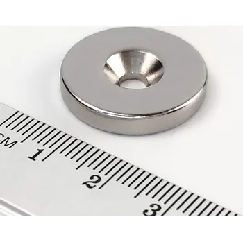 Dekorativní magnet Neodymový magnet válec 23x4 mm s dírou M4 - jižní pól na straně s prohlubní - N38