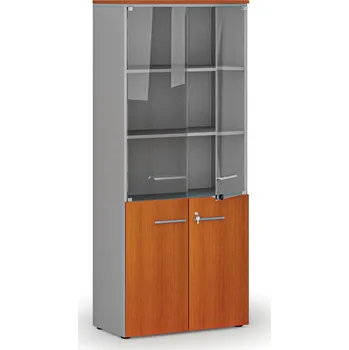 Kancelářská sestava Kombinovaná kancelářská skříň PRIMO GRAY s dřevěnými a skleněnými dveřmi, 800 x 420 x 1781 mm, šedá/třešeň