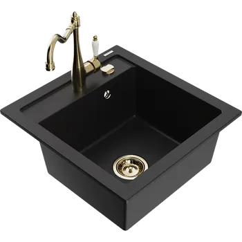 Granitový dřez Mexen Vito granitový dřez 1-komorový s kuchyňskou baterií Carla, černý - 6503-77-670700-50 Granitové dřezy s baterií