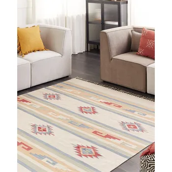 Koberec Kelimový koberec béžový hnědý bavlněný 200 x 300 cm ručně tkaný geometrický vzor oboustranný se střapci obývací pokoj ložnice Beliani