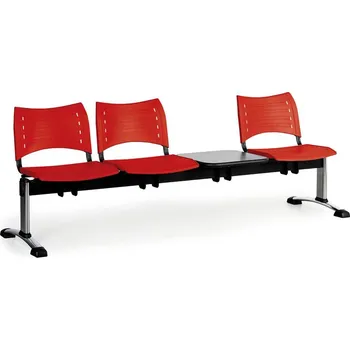 Plastová lavice do čekáren VISIO, 3-sedák, se stolkem, červená, chromované nohy