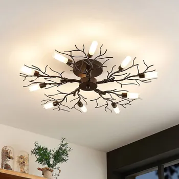 Stropní svítidlo Lindby Bigna, Ø 68 cm, 10 světel, sklo, kov - Ø stropního držáku 15 cm tmavě hnědá, mrazivá 10 x 33 W - Doprava zdarma