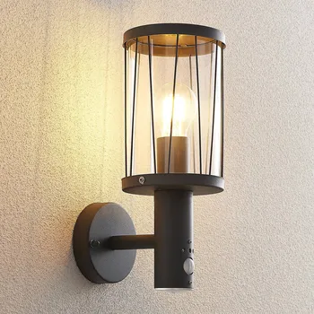 Lampička Venkovní nástěnné svítidlo Lindby Yonan, výška 34 cm, antracit, senzor - Stínidlo - Ø 13,4 cm, výška 20 cm; nástěnný držák - Ø 11 cm, hloubka 2,5 cm antracitová, čirá 1 x 40 W - Doprava zdarma