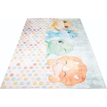 Koberec Makro Abra Dětský kusový koberec vhodný k praní BAMBINO 2732 Dinosaurus Hroch Puntíky pogumovaný krémový vícebarevný Rozměr: 80x150 cm