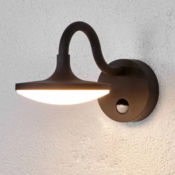 Venkovní osvětlení Lucande Finny - venkovní nástěnná LED lampa s čidlem - nástěnný držák - Ø 12 cm, hloubka 3,5 cm tmavě šedá, bílá 1 x 8,6 W LED - Doprava zdarma