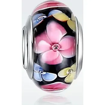 Korálek Korálek KATY skleněný Modrá a růžový květ - TOPBEADS