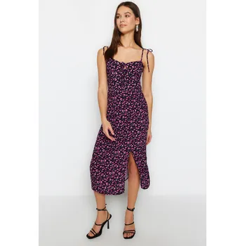 Dámské šaty Trendyol růžové rovné midi šaty s tkanými ramínky a výstřihem ve tvaru srdce s vzorem Trendyol černá 2185465