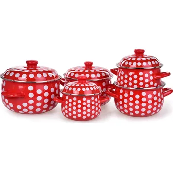 Sada nádobí RUSTICAL 10dílná sada smaltovaných silnostěnných hrnců s poklicemi červené s puntíky