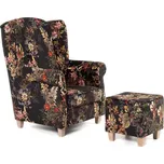 Křeslo ušák AS s taburetem - vzor mučenka, černá - vzor / sonoma (eden 3991/102)