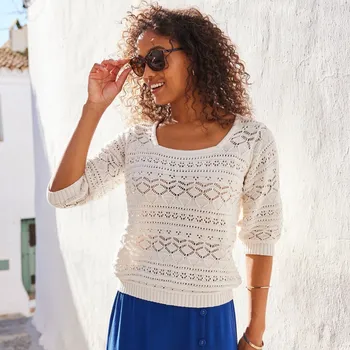 Dámský svetr Ažurový jednobarevný pulovr s rukávy k loktům režná 52