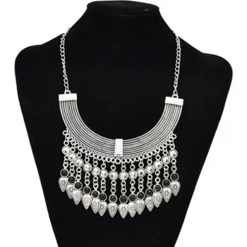 Náhrdelník Vintage Boho náhrdelník mohutný kov s tyrkysovými s černými kameny