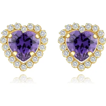 Náušnice Náušnice ze žlutého 14K zlata - srdce s fialovým zirkonem, rámeček z čirých zirkonů