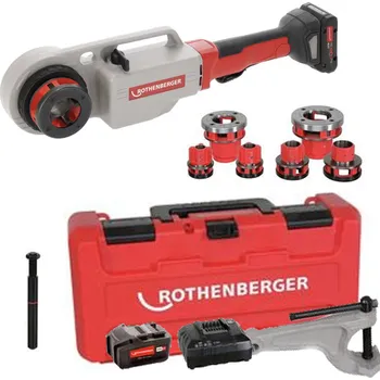Rothenberger SUPERTRONIC 2000 E AMP set 1/2-2" Aku závitořez 1000004186 + 4 Ah, nabíječka (Rothenberger 1000004186 SUPERTRONIC 2000 E s akumulátorem AMPShare 4.0 Ah, nabíječkou, svěrkou, adaptérem ROFIX, hlavami BSPT R 1/2" – 3/4" – 1" – 1.1/4" – 1.1/2" –
