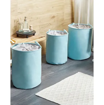Úložný box Sada 3 košíků modrá polyester bavlna koše na prádlo se stahovací šňůrkou praktické doplňky do domácnosti Beliani