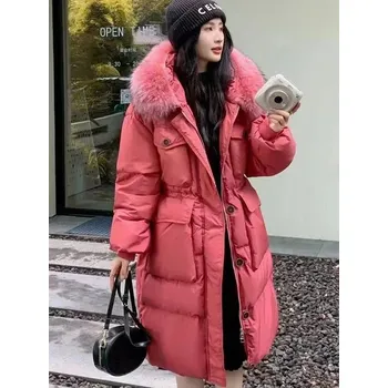 Dámská parka Zimní bunda s peřím a pravou kožešinou z mývala Barva: Fuchsiová, Velikost: M