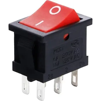 vypínač Kolébkový vypínač obdélníkový KCD1, ON-OFF, červený 250V/6A, 6-pin