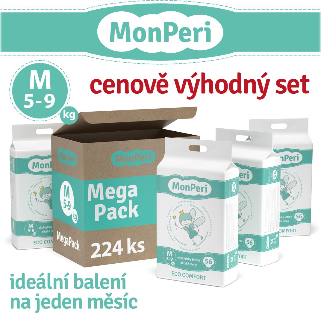 MonPeri Eco Comfort Mega Pack M 5 – 9 kg - 224 ks EKO Jednorázové dětské plenky (velikost 3)