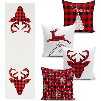 Povlak na polštářek Sada 4 vánočních povlaků na polštář a běhounu na stůl Minimalist Cushion Covers Christmas Tartan ID_1386791