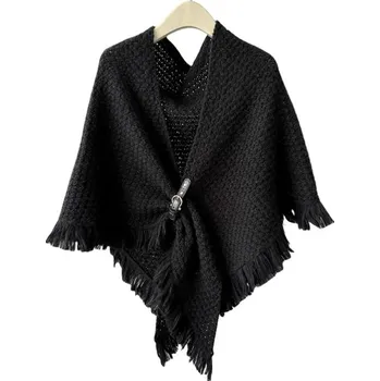 Šála Zimní pletený šál s koženou sponou | elegantní teplý šátek - Černá